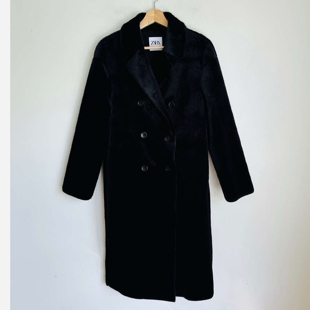 Zara • Double-Breasted Faux Fur Long Teddy Coat in Black.